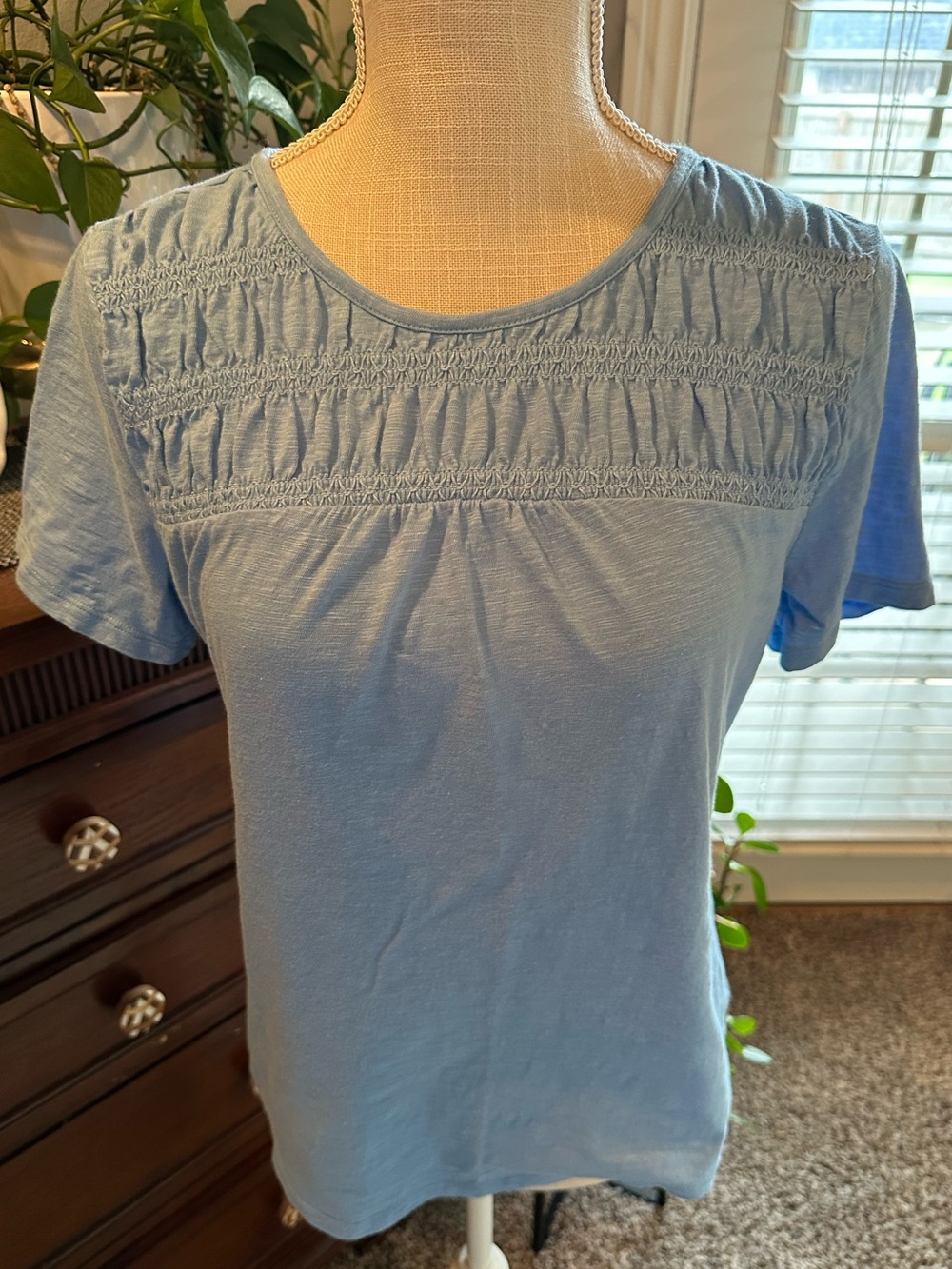 Talbots Light Blue Short Sleeve Smocked Yoke Tee